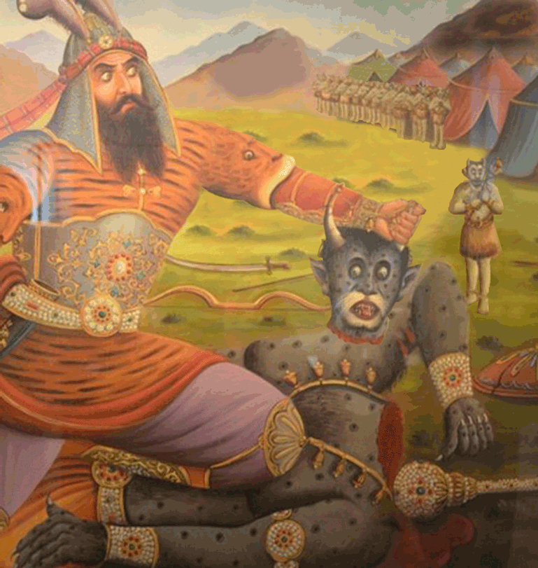 خان ششم، رستم برای نجات کیکاوس پادشاه کیانیان در شاهنامه ارزنگ دیو را می کشد