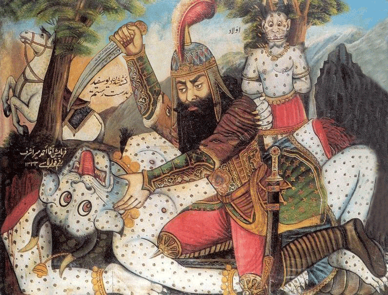 خان هفتم، رستم خون جگر دیو سپید را برای درمان تیرگی چشم کیکاوس دومین پادشاه کیانیان در شاهنامه می برد